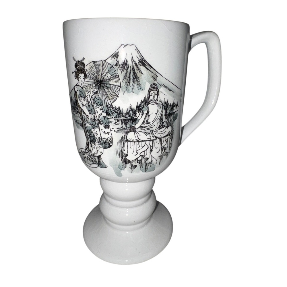 Kaysons Fine Ironstone Japan Mt Fuji Buddha Geisha Continental Cup Mug Vintage